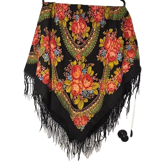 1995 vintage 58' x 58" Russian Wool Shawl Pavlovo Posad square scarf wrap floral - Picture 1 of 4